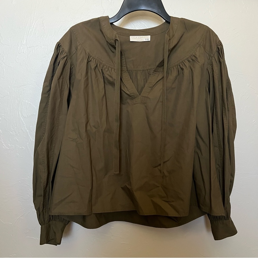 ULLA JOHNSON Delaney Balloon Sleeve Poplin Cotton Blouse in Olive Green Size 0 - Picture 4 of 14